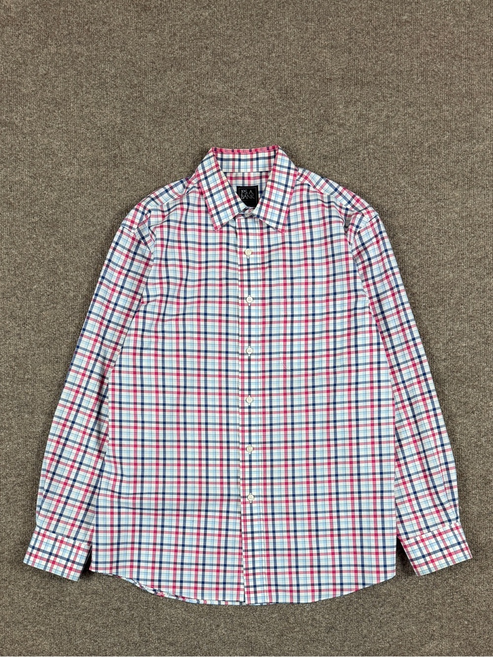Jos A Banks Blue Pink Plaid Button Up Long Sleeve Shirt Men’s Medium 100% Cotton